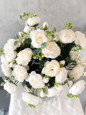 X-Large White Rose Peony Arrangement, Artificial Faux Centerpiece, Silk Flowers in Glass Vase for Home Decor