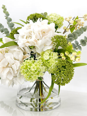 Floral Arrangement, Green White Hydrangeas Silk Artificial Flower Centerpiece, Faux Silk Arrangement Glass Vase, Flower Decor Blue Paris