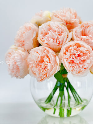Pink Large Head Peony Arrangement, Artificial Faux Centerpiece, Decor Wedding Faux Florals, Silk Flowers in Glass Vase by Blue Paris