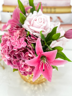 REAL TOUCH Floral Arrangement, Hydrangeas, Roses, Lilies, Tulips, French Country, Artificial Faux Forever Flowers, Flower Centerpiece, Decor