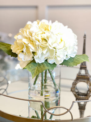 Off-White Hydrangeas in Glass Vase, Artificial Faux Flower Arrangement, Silk Flower Centerpiece, Floral Arrangement Decor, Gift
