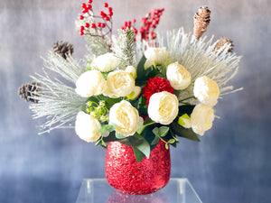 Christmas Artificial Flower Arrangement-Christmas Faux Centerpiece-Christmas Flowers- White Peonies Flower Centerpiece-Christmas Gift-Decor