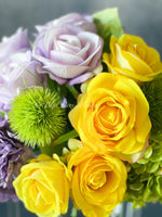 Modern Floral Arrangement | French Country | Table Centerpiece, Yellow, Lavender | Unique Floral Faux Flowers in Glass Vase for Home Decor