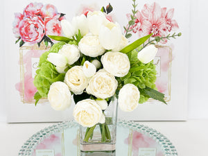 French Country Peony Arrangement in Vase, White Floral Arrangement, White Tulip Peony for Home Decor,Real Touch Green Hydrangea Centerpiece