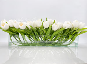 Modern Long White REAL TOUCH Tulip Arrangement Artificial Faux Centerpiece Floral Flower Arrangement Faux Flowers Glass Vase French Decor