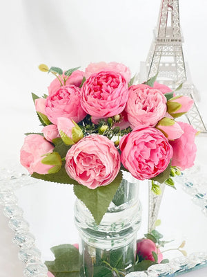 Pink Rose Peony Arrangement, Artificial Faux Table Centerpiece, Faux Florals, Silk Flowers Arrangement in Glass Vase by Blue Paris