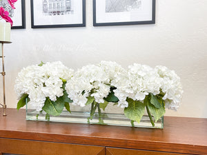 Modern Long REAL TOUCH Hydrangeas Arrangement Artificial Faux Centerpiece Floral Flower Arrangement Silk Flowers Glass Vase French Decor