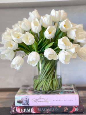 Large 40 White Tulips Modern Faux French Floral Arrangement | Real Touch Artificial Faux Forever Flowers in Glass Vase, Faux Flowers, Vase