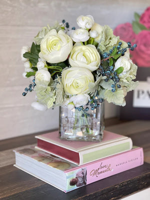 Floral Arrangement, Pale Green White Ranunculus, Blueberries, Silk Artificial Flower Centerpiece, Faux Silk Arrangement Glass Vase, Flower