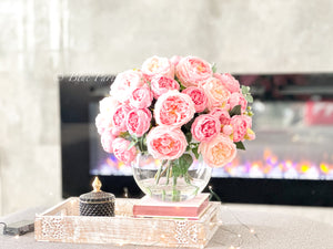 X-Large French Style Pink Peony Arrangement, Artificial Faux Floral Centerpiece, Silk, Real Touch Flowers in Vase for Home Decor Blue Paris