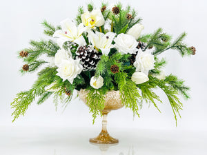Winter French Elegant Real Touch Artificial Flower Arrangement-Christmas Faux Centerpiece-Flowers- White Roses Flower Centerpiece Gift-Decor
