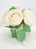 Ivory/White Rose Arrangement Silk Floral | French Country Floral Centerpiece, Artificial Faux Forever Flowers in Vase for Home Wedding Decor