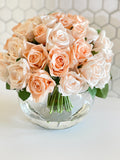 45 Cream & Peach Rose Arrangement Artificial Faux Silk Flowers in Glass Vase, Modern French Decor, Floral Centerpiece, Home Decor Gift Blue Paris