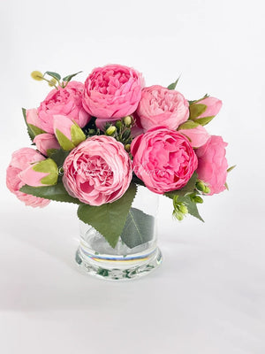 Pink Rose Peony Arrangement, Artificial Faux Table Centerpiece, Faux Florals, Silk Flowers Arrangement in Glass Vase by Blue Paris