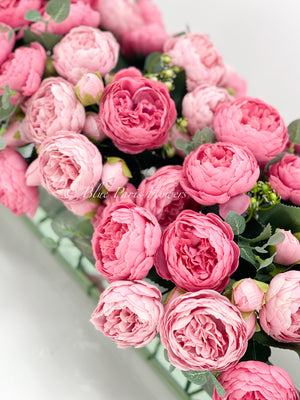 Modern Long Pink Rose Peony Arrangement Artificial Faux Centerpiece Floral Flower Arrangement Silk Flowers Glass Vase French Decor
