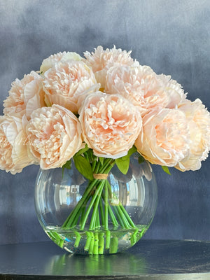 Pink Large Head Peony Arrangement, Artificial Faux Centerpiece, Decor Wedding Faux Florals, Silk Flowers in Glass Vase by Blue Paris