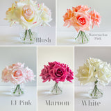 Real Touch Maroon Roses Arrangement in Vase French Country Artificial Flowers Faux Floral Home Decor Realistic Floral Arrangement Blue Paris