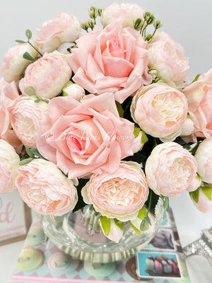 Large Light Pink Rose Peony, Real Touch Roses, French Co Arrangement, Artificial Faux Centerpiece, Silk Flowers in Glass Vase for Home Decor