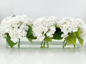 Modern Long REAL TOUCH Hydrangeas Arrangement Artificial Faux Centerpiece Floral Flower Arrangement Silk Flowers Glass Vase French Decor