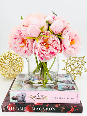 French Pink Peonies Arrangement, Artificial Faux Floral Centerpiece, High-quality Silk Flowers in Glass Vase for Home Decor Blue Paris