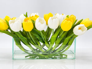 Modern Long Yellow White REAL TOUCH Tulip Arrangement Artificial Faux Centerpiece Floral Flower Arrangement Flowers Glass Vase French Decor