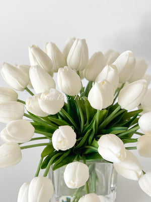 White Tulips 30 Floral | Modern Arrangement | Real Touch | Artificial Faux Forever Fake Flowers in Glass Vase for Home Decor Blue Paris