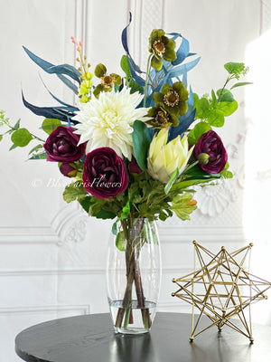 29” Mix Faux Flower Arrangement, Dahlia, Ranunculus, Protea, Green Floral Decor Silk/Real Touch Centerpiece Artificial Flowers, Gift Decor