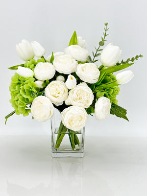 French Country Peony Arrangement in Vase, White Floral Arrangement, White Tulip Peony for Home Decor,Real Touch Green Hydrangea Centerpiece