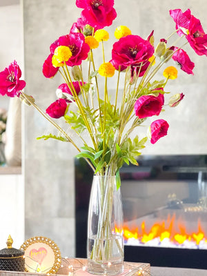 Modern Decor, Tall Fuchsia Poppy Artificial Faux Arrangement in Vase. Elegant Floral Faux Floral Centerpiece, Home, Office Decor Arrangement