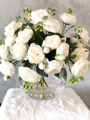 X-Large White Rose Peony Arrangement, Artificial Faux Centerpiece, Silk Flowers in Glass Vase for Home Decor