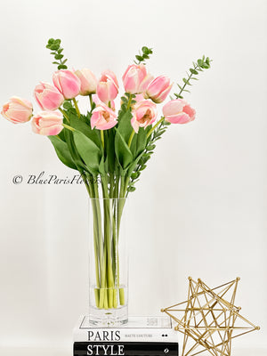 28” Tall Pink Real Touch Tulips in Glass Vase, Home Decor Faux Flower Arrangement, French Country Style, Floral Decor Arrangement