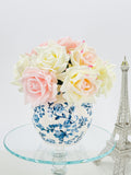 White Blush Pink Real Touch Roses | Modern Arrangement Realistic, Lifelike Artificial Faux Forever Flowers in Blue/White Vase for Home Decor