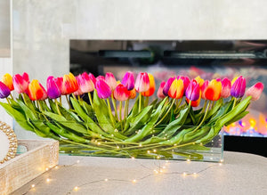 Modern Long REAL TOUCH Tulip Arrangement Artificial Faux Centerpiece Floral Flower Arrangement Silk Flowers Glass Vase French Decor Pink