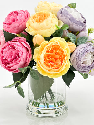 Pink/Purple/Yellow Rose Peony Arrangement, Artificial Faux Centerpiece, Faux Florals, Silk Flowers in Glass Vase, Mother’s Day by Blue Paris