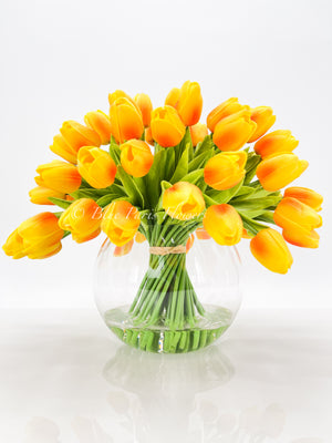 Large 50 Orange Tulips | Modern Faux Floral Arrangement Real Touch Artificial Centerpiece Faux Flowers in Glass Vase Faux Flowers in Vase