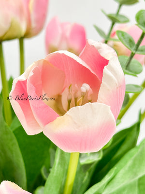 28” Tall Pink Real Touch Tulips in Glass Vase, Home Decor Faux Flower Arrangement, French Country Style, Floral Decor Arrangement