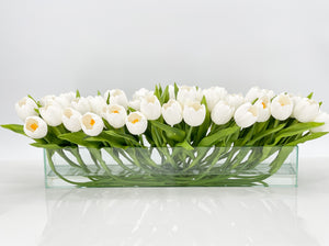 Modern Long White REAL TOUCH Tulip Arrangement Artificial Faux Centerpiece Floral Flower Arrangement Faux Flowers Glass Vase French Decor