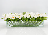 Modern Long White REAL TOUCH Tulip Arrangement Artificial Faux Centerpiece Floral Flower Arrangement Faux Flowers Glass Vase French Decor