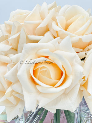 Real Touch Cream Roses Arrangement in Vase, French Country Artificial Flowers Faux Floral Home Decor Realistic Arrangement Blue Paris