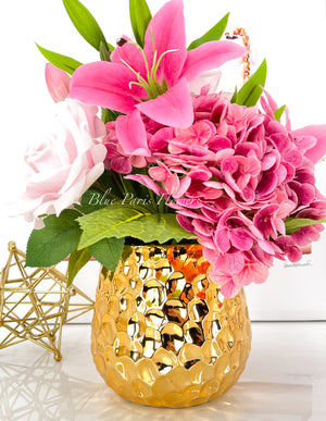 REAL TOUCH Floral Arrangement, Hydrangeas, Roses, Lilies, Tulips, French Country, Artificial Faux Forever Flowers, Flower Centerpiece, Decor