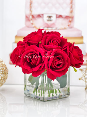 Red Velvet Roses Arrangement, Artificial Faux Centerpiece, Natural Touch Flowers in Glass Vase Home Decor, Floral Arrangement Blue Paris