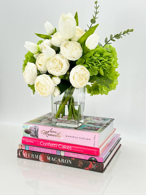French Country Peony Arrangement in Vase, White Floral Arrangement, White Tulip Peony for Home Decor,Real Touch Green Hydrangea Centerpiece