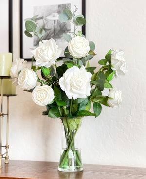 White Real Touch Rose Floral Arrangement, Artificial Flower Centerpiece, Wedding Decor, Faux Flower Decor In Glass Vase