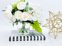 White Green Hydrangeas Peony | French Country |Arrangement in Clear Glass Vase with clear acrylic water for Home Decor by Blue Paris Flowers