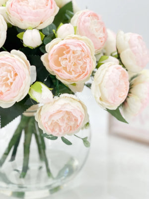 X-Large Light Pink Rose Peony Arrangement, Artificial Faux Centerpiece, Silk Flowers in Glass Vase for Home Decor
