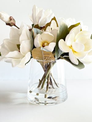 Luxurious White Magnolia Arrangement Real Touch/Silk Artificial Faux Centerpiece-Fake Flower Centerpiece-Home Decor Floral Gift Blue Paris