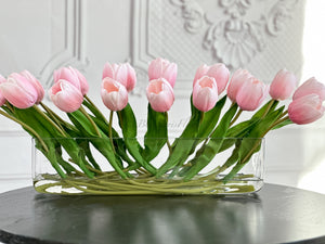 Modern Long REAL TOUCH Tulip Arrangement Artificial Faux Centerpiece Floral Flower Arrangement Silk Flowers Glass Vase French Decor Pink