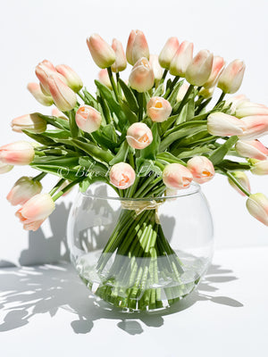 X-Large 60 Peach Tulips | Modern Faux Floral Arrangement | Real Touch Artificial Faux Forever Flowers in Glass Vase, Faux Flowers in Vase