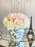 White Blush Pink Real Touch Roses | Modern Arrangement Realistic, Lifelike Artificial Faux Forever Flowers in Blue/White Vase for Home Decor
