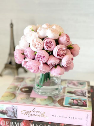 Light Pink Peonies, Centerpiece, Faux Flower Arrangement | French Country | Arrangement in Clear Glass Vase | Modern Style